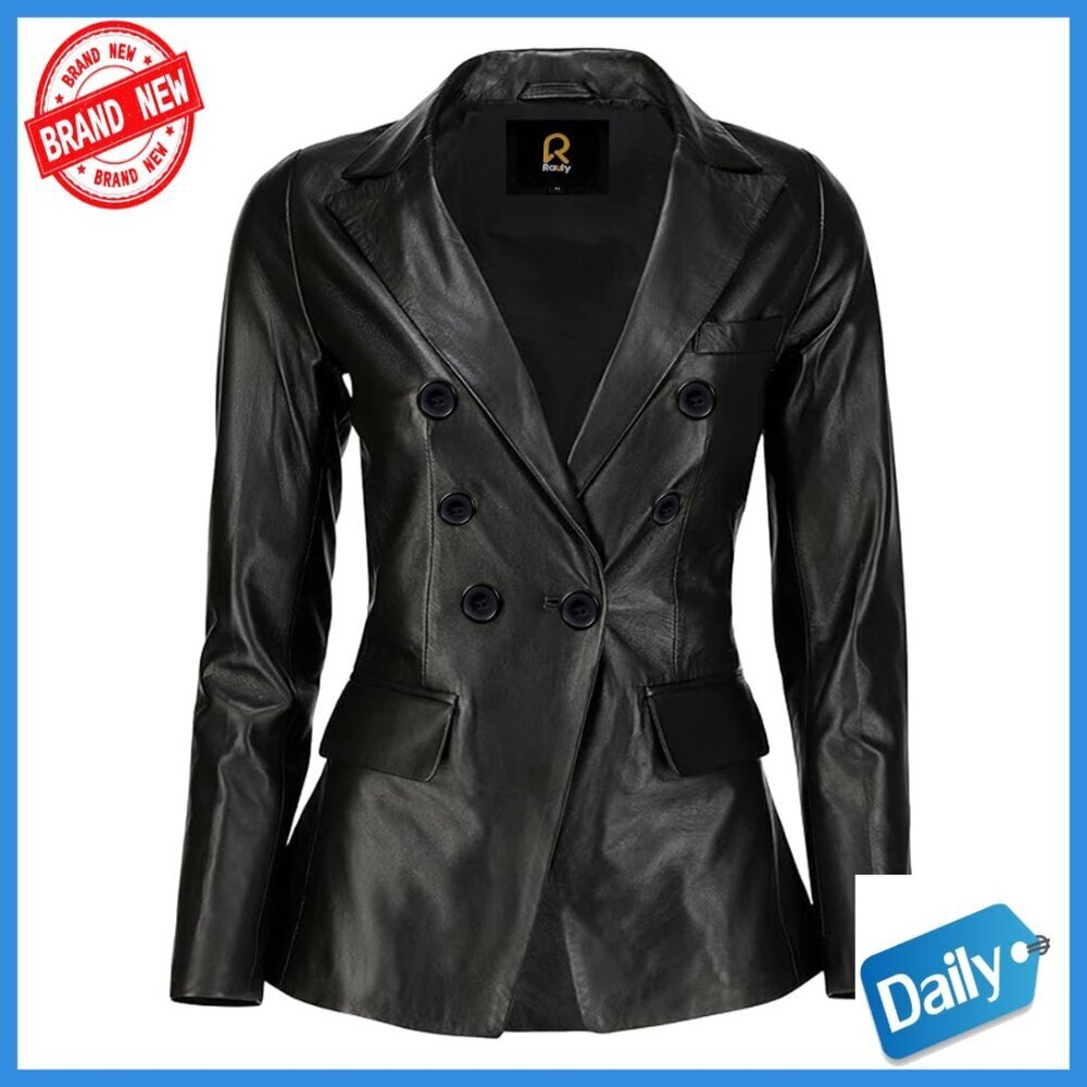 Genuine Leather Blazer Jacket Double-Breasted Tailored Women's Coat